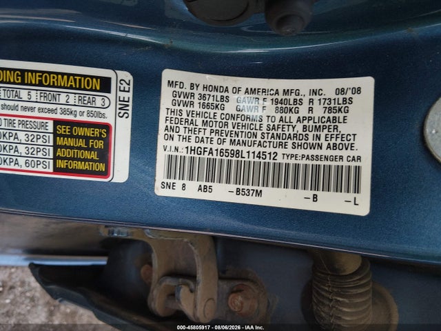 Aukcja sprzedaży 2008 Honda Civic Lx, vin: 1HGFA16598L114512, numer aukcji: 45805917