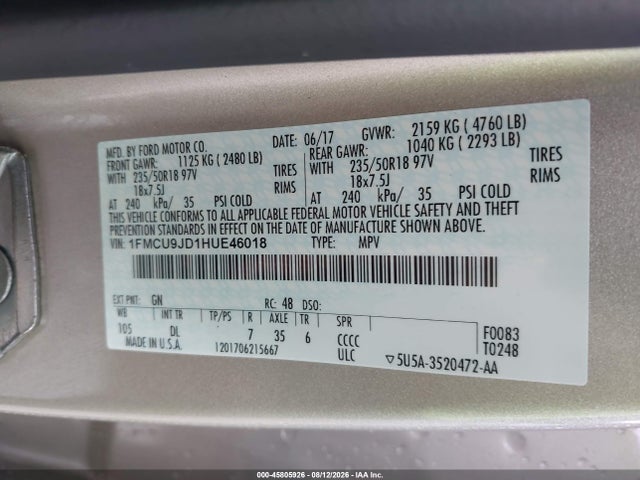 Auction sale of the 2017 Ford Escape Titanium, vin: 1FMCU9JD1HUE46018, lot number: 45805926