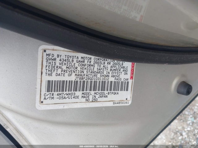 45805955 :رقم المزاد ، JT8BF28G010311612 vin ، 2001 Lexus Es 300 مزاد بيع