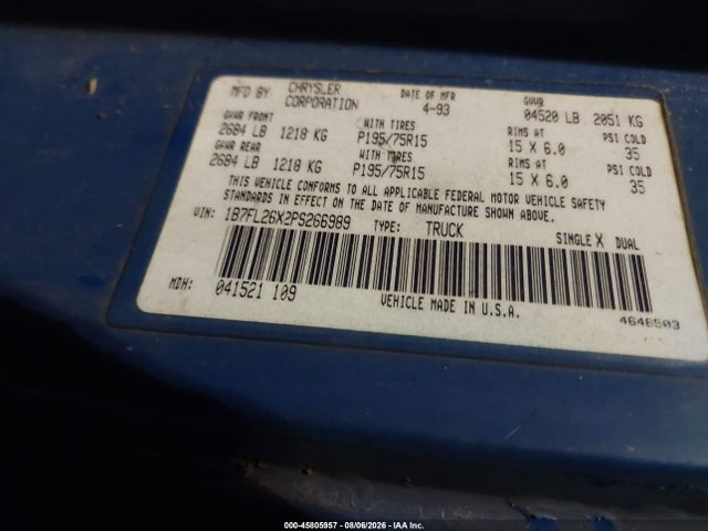 45805957 :رقم المزاد ، 1B7FL26X2PS266989 vin ، 1993 Dodge Dakota مزاد بيع