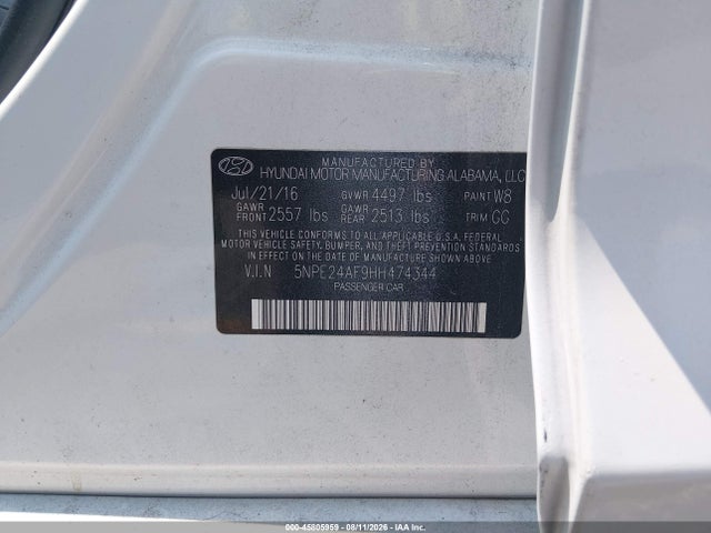 2017 Hyundai Sonata Se მანქანა იყიდება აუქციონზე, vin: 5NPE24AF9HH474344, აუქციონის ნომერი: 45805959