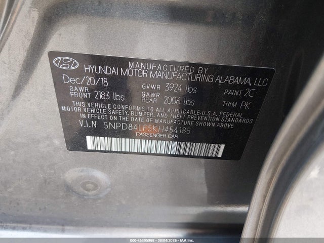 2019 Hyundai Elantra Value Edition მანქანა იყიდება აუქციონზე, vin: 5NPD84LF5KH454185, აუქციონის ნომერი: 45805968