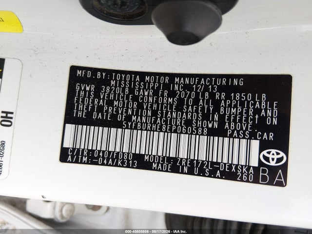 45805986 :رقم المزاد ، 5YFBURHE8EP060588 vin ، 2014 Toyota Corolla S Plus مزاد بيع