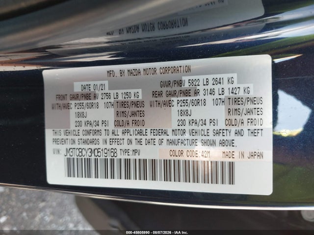 2021 Mazda Cx-9 Touring მანქანა იყიდება აუქციონზე, vin: JM3TCBCY3M0519168, აუქციონის ნომერი: 45805990