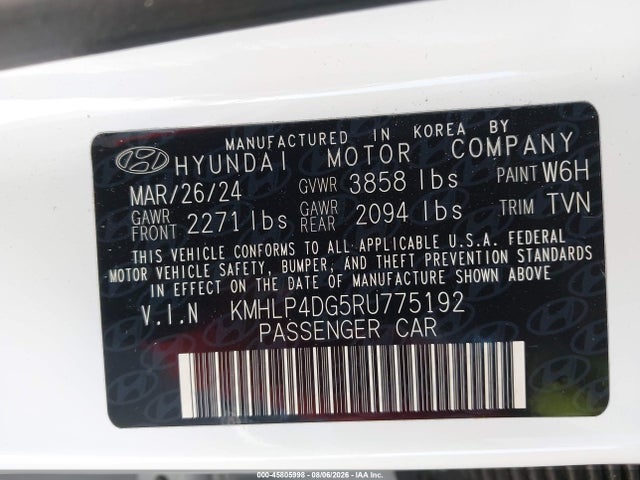 Продажа на аукционе авто 2024 Hyundai Elantra Limited, vin: KMHLP4DG5RU775192, номер лота: 45805998