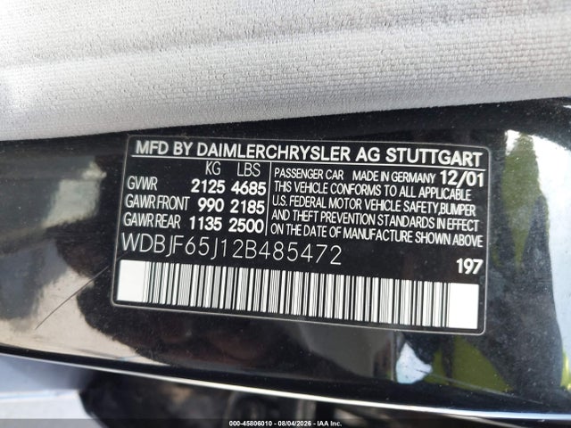Aukcja sprzedaży 2002 Mercedes-benz E 320 Special Edition, vin: WDBJF65J12B485472, numer aukcji: 45806010
