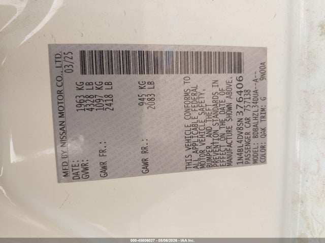 1N4BL4DV8SN376406 Nissan Altima Sv Fwd