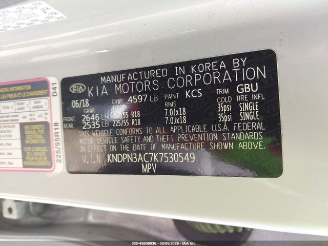 45806036 :رقم المزاد ، KNDPN3AC7K7530549 vin ، 2019 Kia Sportage Ex مزاد بيع