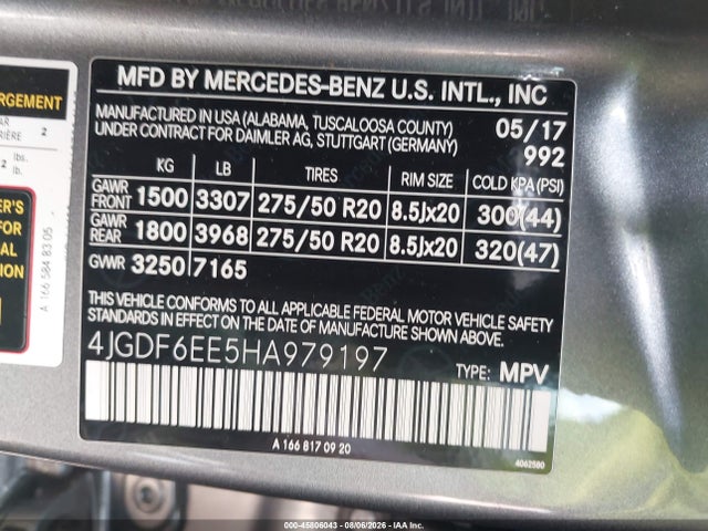45806043 :رقم المزاد ، 4JGDF6EE5HA979197 vin ، 2017 Mercedes-benz Gls 450 4matic مزاد بيع
