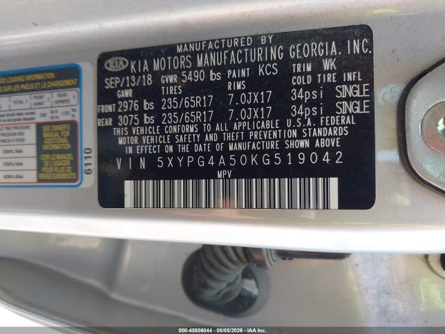 Продажа на аукционе авто 2019 Kia Sorento 3.3l Lx, vin: 5XYPG4A50KG519042, номер лота: 45806044