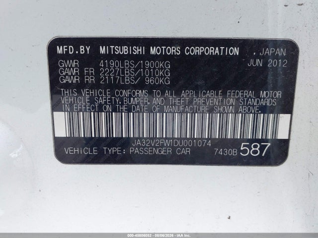 45806052 :رقم المزاد ، JA32V2FW1DU001074 vin ، 2013 Mitsubishi Lancer Se مزاد بيع