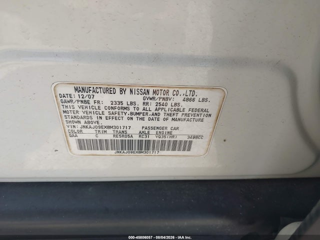 Продажа на аукционе авто 2008 Infiniti Ex35 Journey, vin: JNKAJ09EX8M301717, номер лота: 45806057