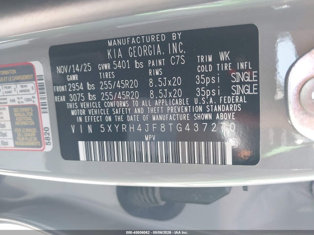 45806062 :رقم المزاد ، 5XYRH4JF8TG437270 vin ، 2026 Kia Sorento Ex مزاد بيع