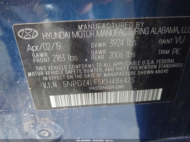 45806090 :رقم المزاد ، 5NPD74LF5KH486475 vin ، 2019 Hyundai Elantra Se مزاد بيع