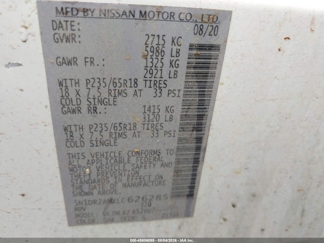 Продажа на аукционе авто 2020 Nissan Pathfinder S 4wd, vin: 5N1DR2AMXLC626285, номер лота: 45806099