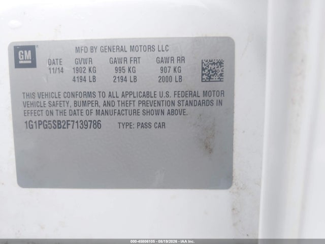Aukcja sprzedaży 2015 Chevrolet Cruze Ltz, vin: 1G1PG5SB2F7139786, numer aukcji: 45806105