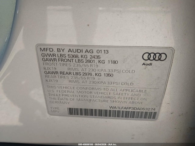 45806108 :رقم المزاد ، WA1LFAFP3DA053274 vin ، 2013 Audi Q5 2.0t Premium مزاد بيع