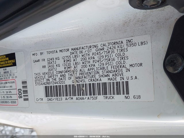 Aukcja sprzedaży 2007 Toyota Tacoma Base V6, vin: 5TEUU42N97Z443201, numer aukcji: 45806111
