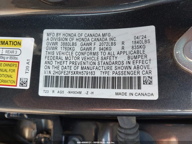 Aukcja sprzedaży 2024 Honda Civic Sport, vin: 2HGFE2F5XRH579163, numer aukcji: 45806121