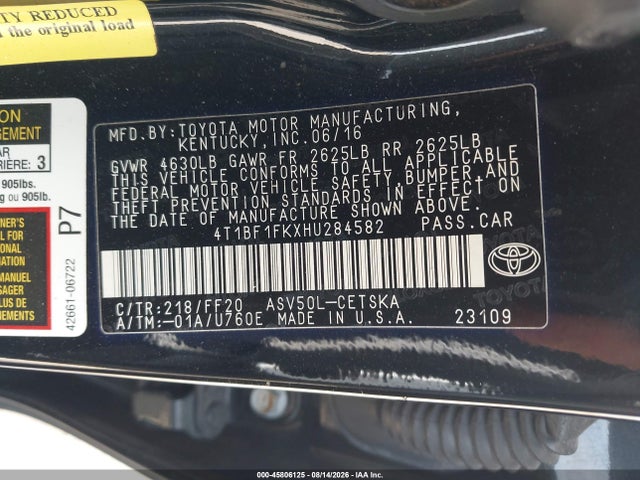 Aukcja sprzedaży 2017 Toyota Camry Se, vin: 4T1BF1FKXHU284582, numer aukcji: 45806125