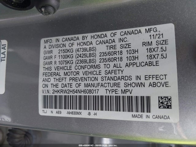 45806142 :رقم المزاد ، 2HKRW2H54NH608017 vin ، 2022 Honda Cr-v Awd Ex مزاد بيع