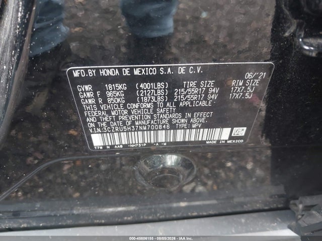 45806155 :رقم المزاد ، 3CZRU5H37NM700846 vin ، 2022 Honda Hr-v 2wd Lx مزاد بيع