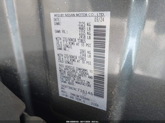45806163 :رقم المزاد ، 5N1BT3BB2RC716146 vin ، 2024 Nissan Rogue Sv Intelligent Awd مزاد بيع