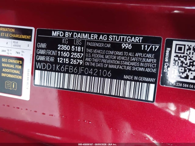 45806167 :رقم المزاد ، WDD1K6FB6JF042106 vin ، 2018 Mercedes-benz E 400 مزاد بيع