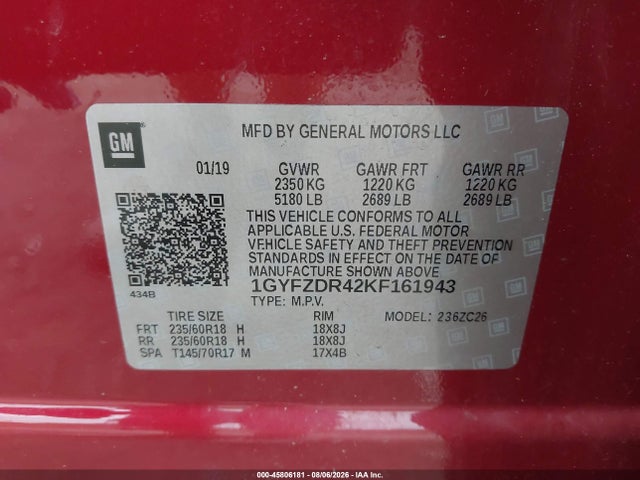 45806181 :رقم المزاد ، 1GYFZDR42KF161943 vin ، 2019 Cadillac Xt4 Premium Luxury مزاد بيع
