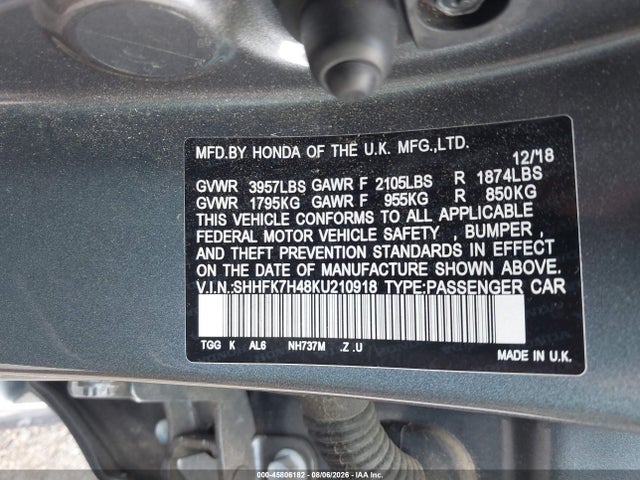2019 Honda Civic Sport მანქანა იყიდება აუქციონზე, vin: SHHFK7H48KU210918, აუქციონის ნომერი: 45806182