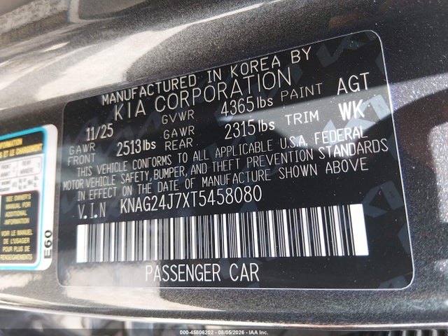 KNAG24J7XT5458080 KIA K5 Lxs Fwd