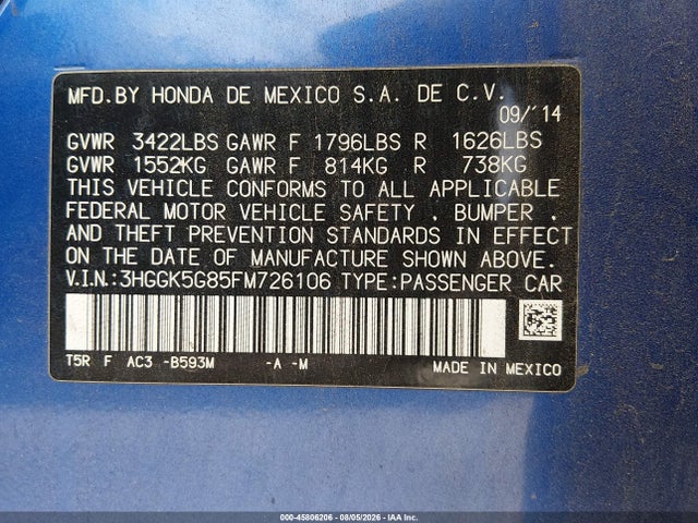 3HGGK5G85FM726106 Honda FIT EX