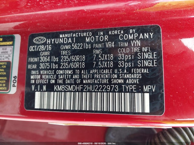Продажа на аукционе авто 2017 Hyundai Santa Fe Se, vin: KM8SMDHF2HU222973, номер лота: 45806210