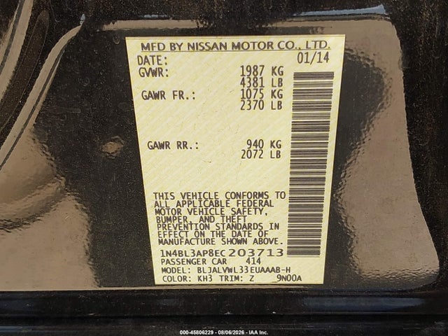 Продаж на аукціоні авто 2014 Nissan Altima 3.5 Sl, vin: 1N4BL3AP8EC203713, номер лоту: 45806229