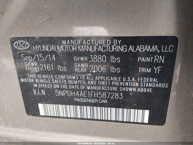 Aukcja sprzedaży 2015 Hyundai Elantra Limited, vin: 5NPDH4AE1FH587283, numer aukcji: 45806230