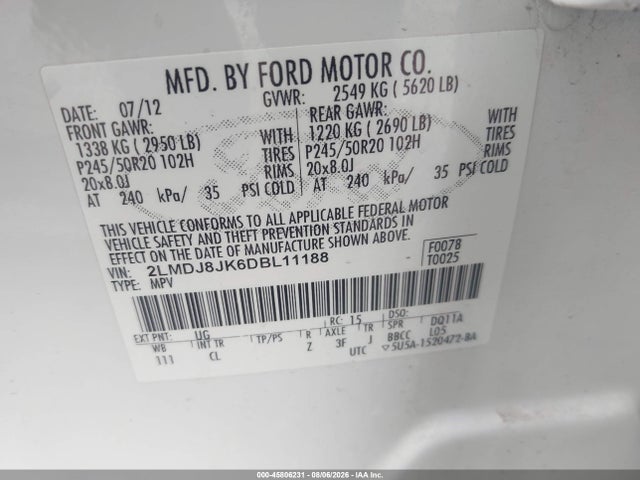 45806231 :رقم المزاد ، 2LMDJ8JK6DBL11188 vin ، 2013 Lincoln Mkx مزاد بيع