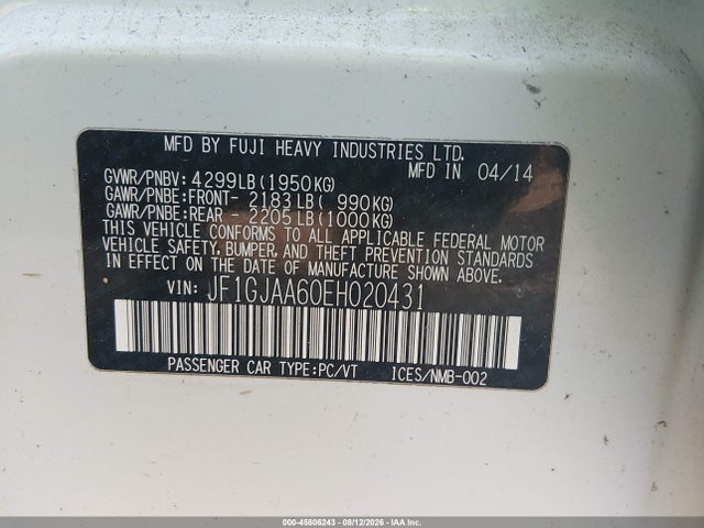 45806243 :رقم المزاد ، JF1GJAA60EH020431 vin ، 2014 Subaru Impreza 2.0i مزاد بيع