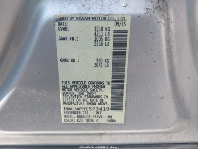 Продажа на аукционе авто 2015 Nissan Altima 2.5 S, vin: 1N4AL3AP9FC573419, номер лота: 45806254