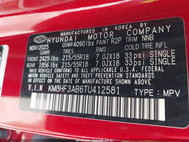 2026 Hyundai Kona Sel Sport მანქანა იყიდება აუქციონზე, vin: KM8HF3AB6TU412581, აუქციონის ნომერი: 45806258