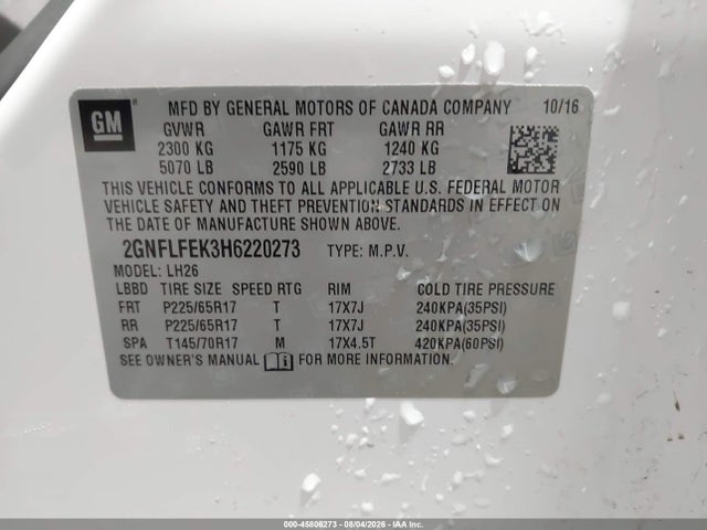 Продаж на аукціоні авто 2017 Chevrolet Equinox Lt, vin: 2GNFLFEK3H6220273, номер лоту: 45806273