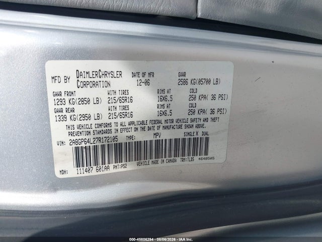Aukcja sprzedaży 2007 Chrysler Town & Country Limited, vin: 2A8GP64L27R172105, numer aukcji: 45806294