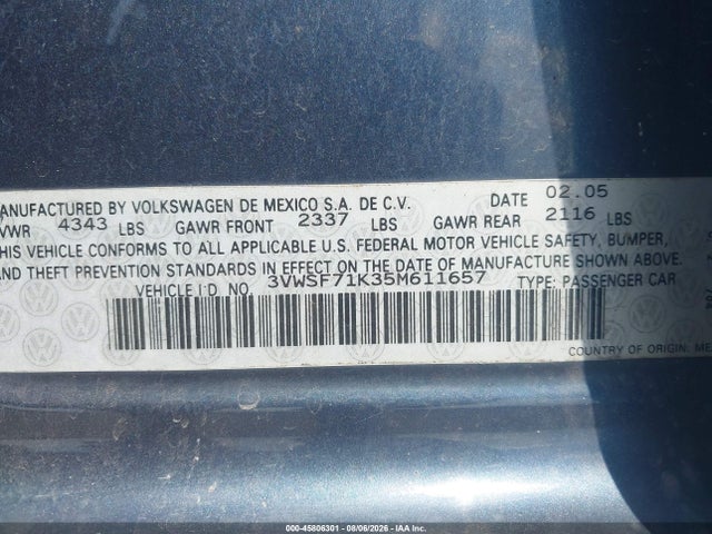 45806301 :رقم المزاد ، 3VWSF71K35M611657 vin ، 2005 Volkswagen Jetta 2.5 مزاد بيع