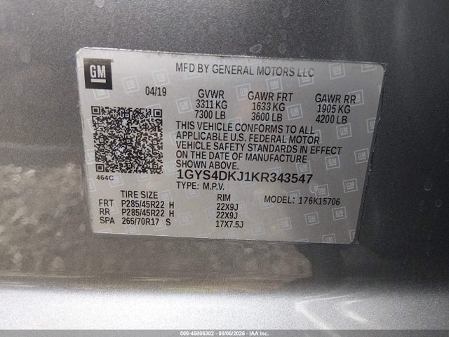 45806302 :رقم المزاد ، 1GYS4DKJ1KR343547 vin ، 2019 Cadillac Escalade Platinum مزاد بيع