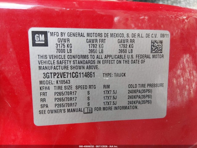 45806335 :رقم المزاد ، 3GTP2VE71CG114861 vin ، 2012 Gmc Sierra 1500 Sle مزاد بيع
