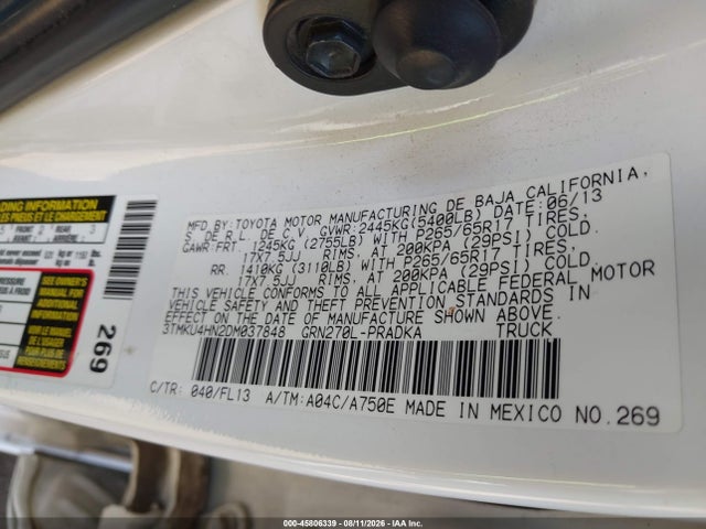 2013 Toyota Tacoma Prerunner V6 მანქანა იყიდება აუქციონზე, vin: 3TMKU4HN2DM037848, აუქციონის ნომერი: 45806339