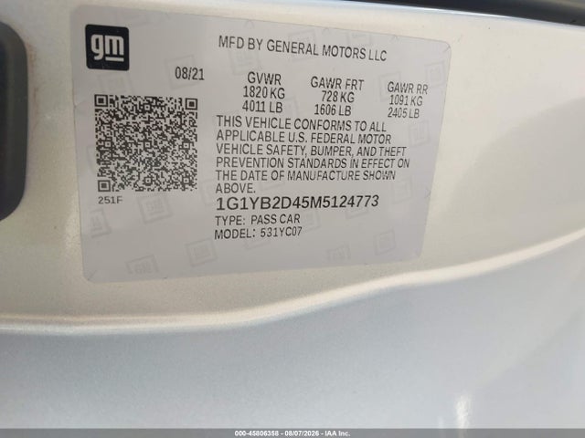 45806358 :رقم المزاد ، 1G1YB2D45M5124773 vin ، 2021 Chevrolet Corvette Stingray Rwd  2lt مزاد بيع