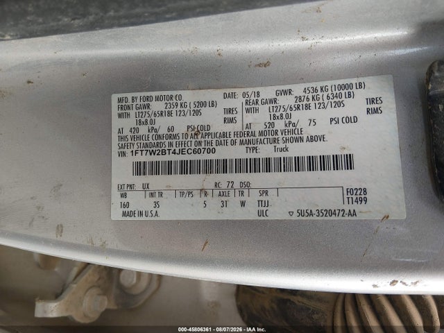 45806361 :رقم المزاد ، 1FT7W2BT4JEC60700 vin ، 2018 Ford F-250 Xlt مزاد بيع