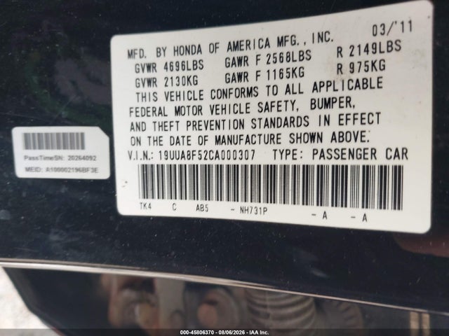 2012 Acura Tl 3.5 მანქანა იყიდება აუქციონზე, vin: 19UUA8F52CA000307, აუქციონის ნომერი: 45806370