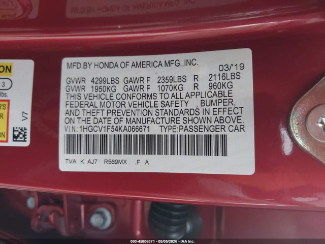 Aukcja sprzedaży 2019 Honda Accord Ex-l, vin: 1HGCV1F54KA066671, numer aukcji: 45806371