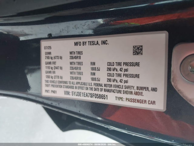 Продажа на аукционе авто 2025 Tesla Model 3 Long Range Rear-wheel Drive/standard Rear-wheel Drive, vin: 5YJ3E1EA7SF058651, номер лота: 45806374